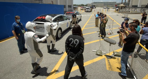 Astronauts Behnken and Hurley complete SpaceX Demo-2 dress rehearsal with 'ISSBND' Tesla Model X