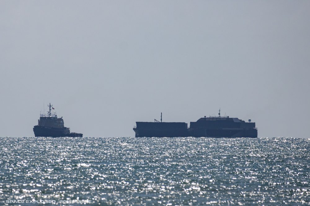A Shortfall of Gravitas droneship arrives in Port Canaveral to support SpaceX Falcon 9 launches A Shortfall of Gravitas and Finn Falgout out at sea.