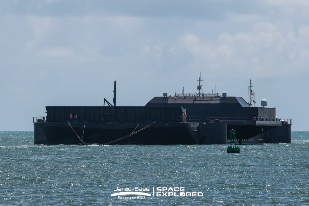 A Shortfall of Gravitas droneship arrives in Port Canaveral to support SpaceX Falcon 9 launches A Shortfall of Gravitas droneship being towed into Port Canaveral.