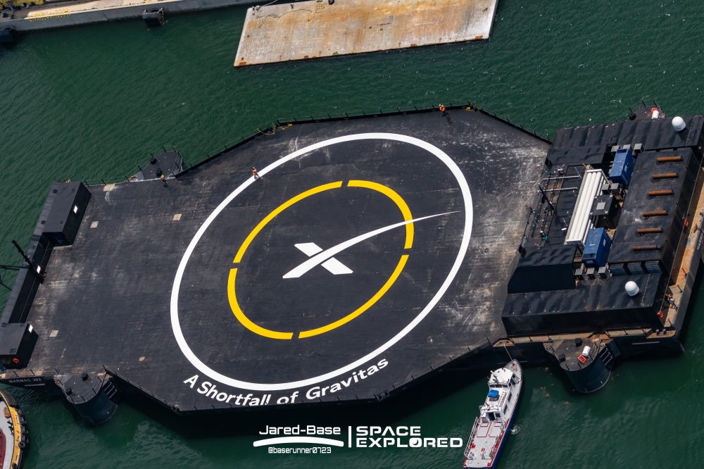 A Shortfall of Gravitas droneship arrives in Port Canaveral to support SpaceX Falcon 9 launches A Shortfall of Gravitas and SpaceX logo painted on ship deck.