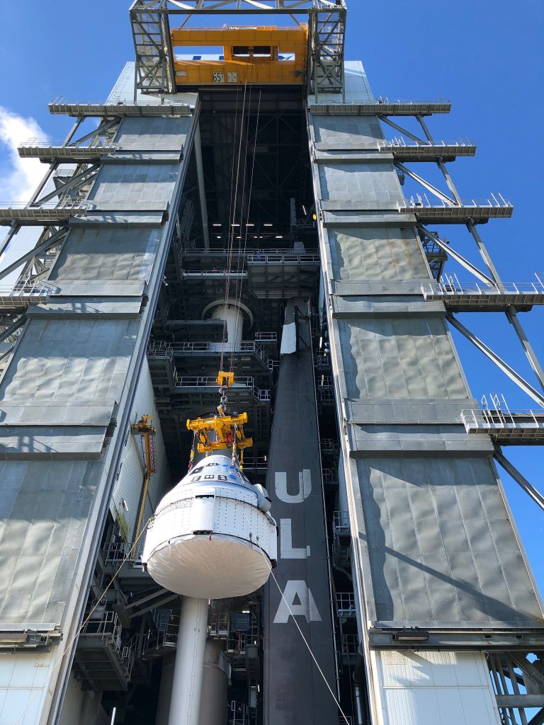Boeing Starliner capsule secured to Atlas V rocket in preparation for Orbital Flight Test 2 Starliner lifted at SLC-41 in preparation to be secured to the Atlas V rocket.