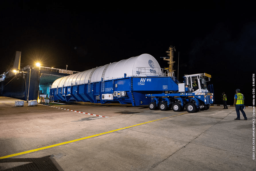 Ariane 5 upper stage being offloaded in French Guiana for James Webb Space Telescope launch.