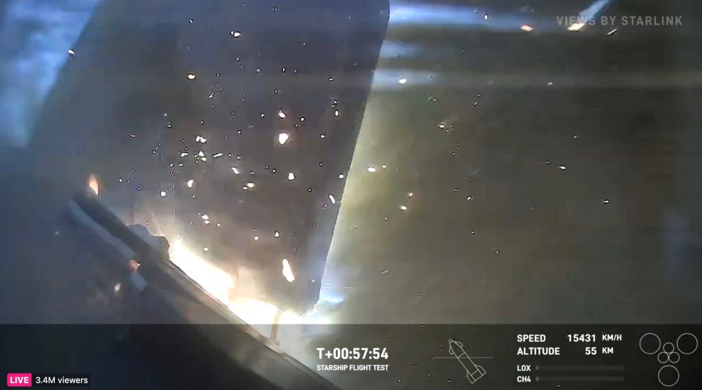 Burn through on one of Starship Ship 29's aft fins during reentry